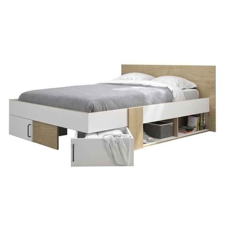DIAGONE Lit adulte avec tiroirs de rangement - Chene et blanc - 140 x 190 - SWIVEL