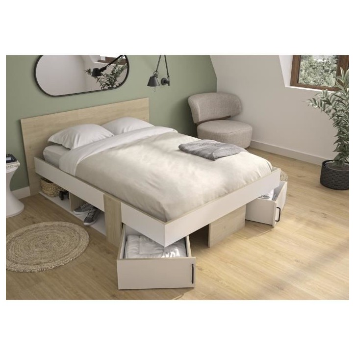 DIAGONE Lit adulte avec tiroirs de rangement - Chene et blanc - 140 x 190 - SWIVEL