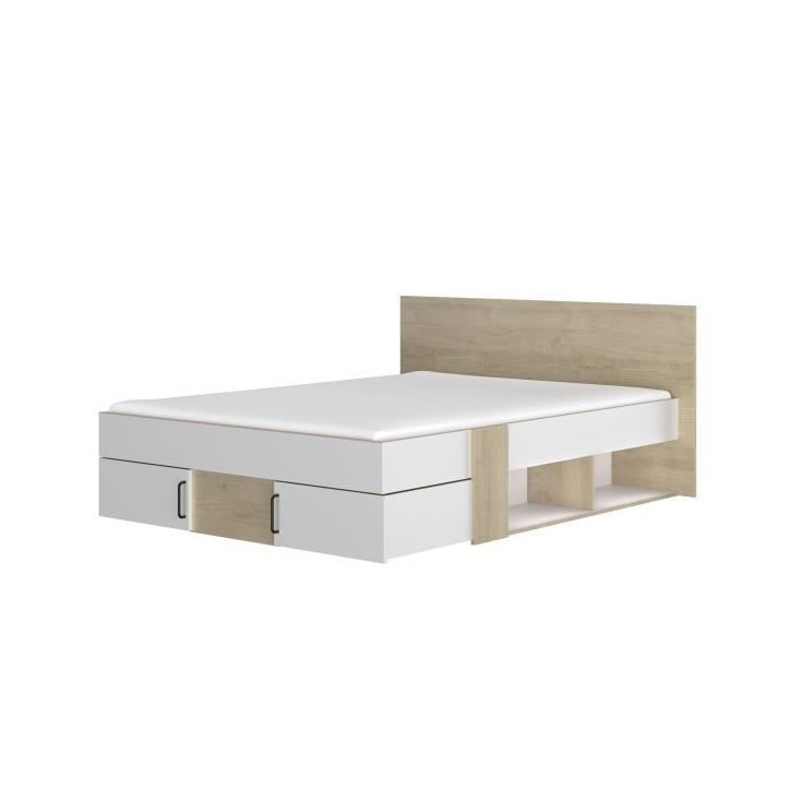 DIAGONE Lit adulte avec tiroirs de rangement - Chene et blanc - 140 x 190 - SWIVEL