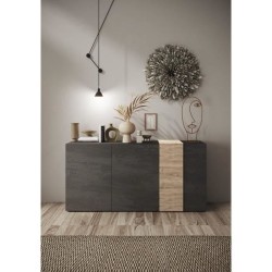Buffet - VENEZIA - 3 portes - Gris titan mat - Chene Cadiz - 181 x 44
