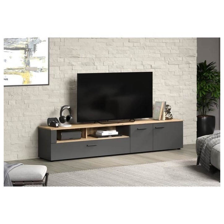 Meuble TV - Esteban - Urbain - En panneaux de particules - Chene blond / gris anthracite mat - 210 x 43 x 41 cm - Trendteam