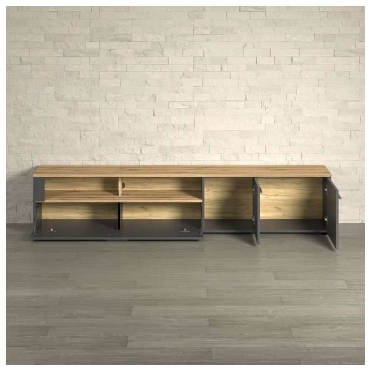 Meuble TV - Esteban - Urbain - En panneaux de particules - Chene blond / gris anthracite mat - 210 x 43 x 41 cm - Trendteam