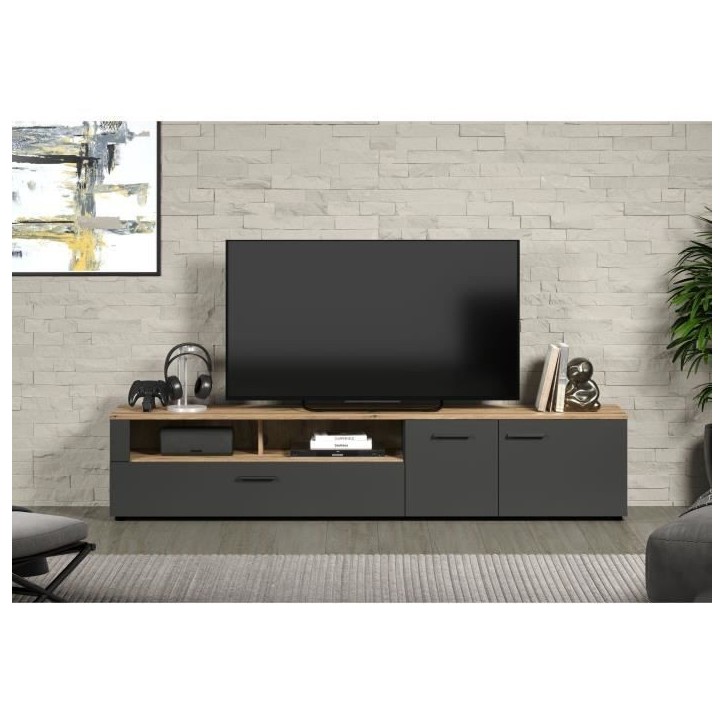 Meuble TV - Esteban - Urbain - En panneaux de particules - Chene blond / gris anthracite mat - 210 x 43 x 41 cm - Trendteam