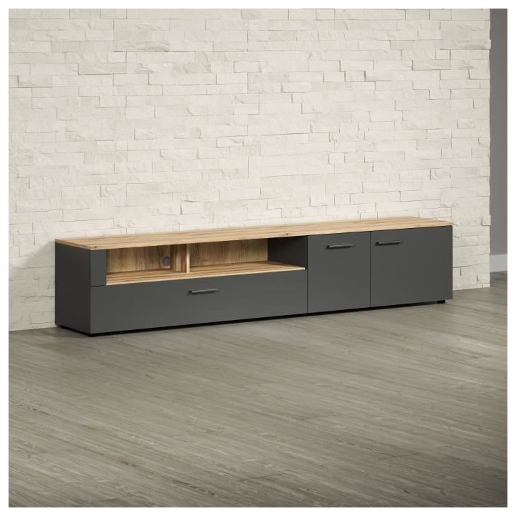 Meuble TV - Esteban - Urbain - En panneaux de particules - Chene blond / gris anthracite mat - 210 x 43 x 41 cm - Trendteam