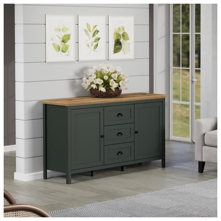 Buffet - Stanton - Vert profond / chene naturel - 2 portes - 3 tiroirs - 146cm x 45cm x 86cm Buffet - Stanton - Vert profond / chene naturel - 2 portes - 3 tiroirs - 146cm x 45cm x 86cm
