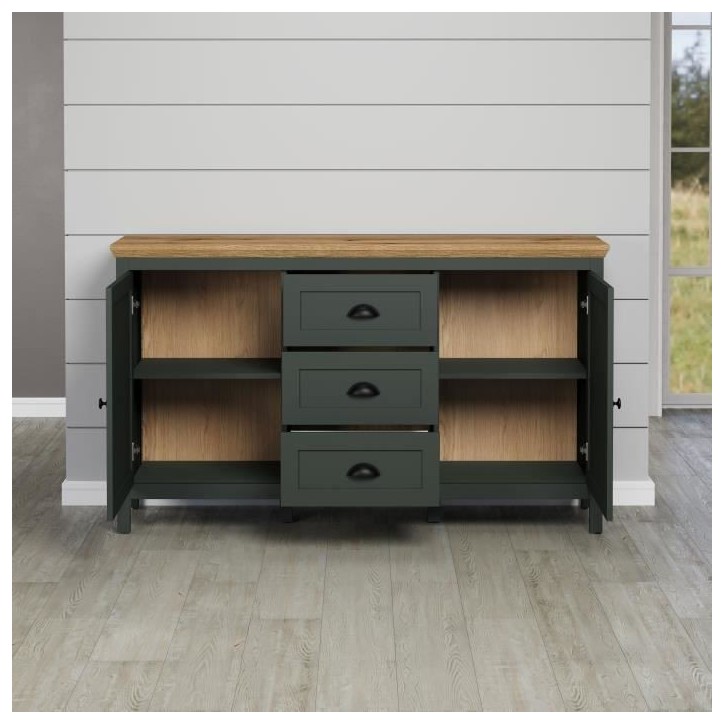 Buffet - Stanton - Vert profond / chene naturel - 2 portes - 3 tiroirs - 146cm x 45cm x 86cm Buffet - Stanton - Vert profond / chene naturel - 2 portes - 3 tiroirs - 146cm x 45cm x 86cm