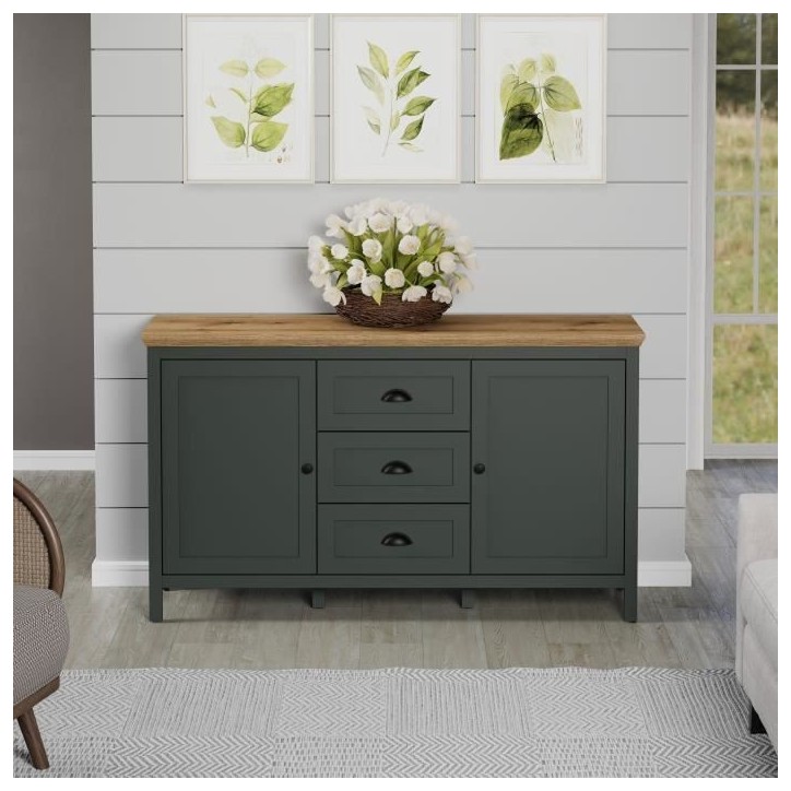 Buffet - Stanton - Vert profond / chene naturel - 2 portes - 3 tiroirs - 146cm x 45cm x 86cm Buffet - Stanton - Vert profond / chene naturel - 2 portes - 3 tiroirs - 146cm x 45cm x 86cm