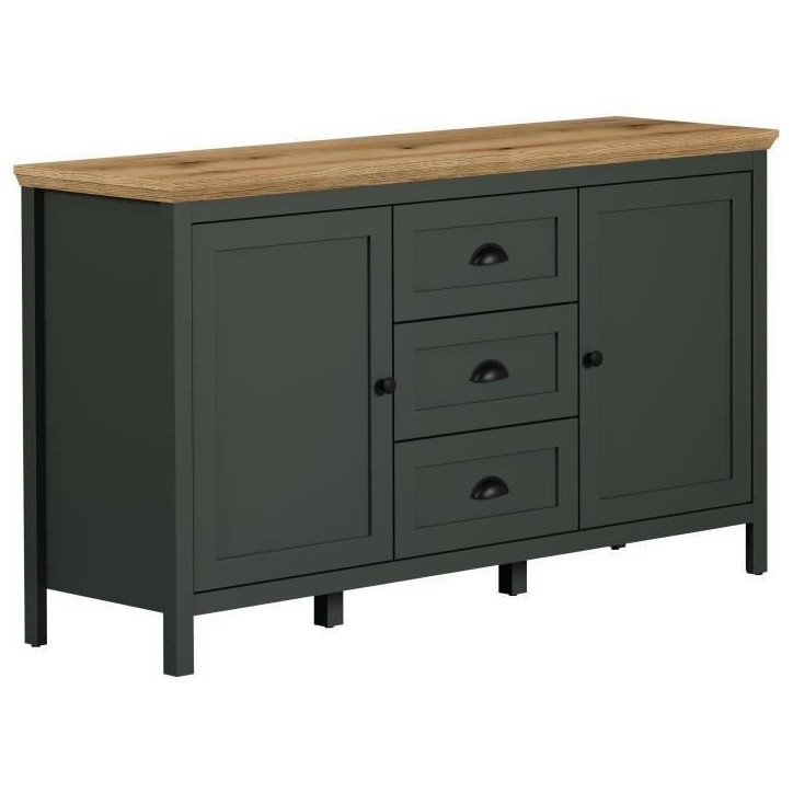Buffet - Stanton - Vert profond / chene naturel - 2 portes - 3 tiroirs - 146cm x 45cm x 86cm Buffet - Stanton - Vert profond / chene naturel - 2 portes - 3 tiroirs - 146cm x 45cm x 86cm