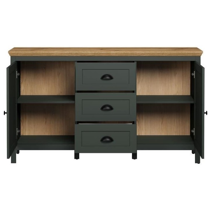 Buffet - Stanton - Vert profond / chene naturel - 2 portes - 3 tiroirs - 146cm x 45cm x 86cm Buffet - Stanton - Vert profond / chene naturel - 2 portes - 3 tiroirs - 146cm x 45cm x 86cm