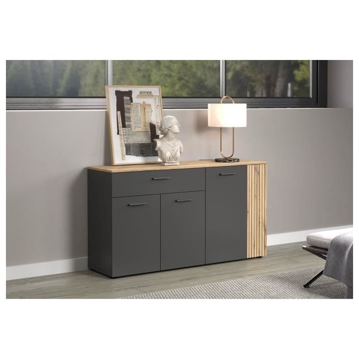 Bahut - Esteban - En panneaux de particules - Chene blond / gris anthracite - 3 portes - 1 tiroir - Scandinave - Trendteam
