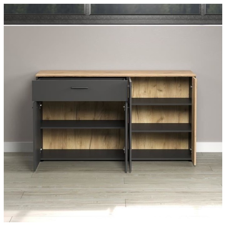 Bahut - Esteban - En panneaux de particules - Chene blond / gris anthracite - 3 portes - 1 tiroir - Scandinave - Trendteam