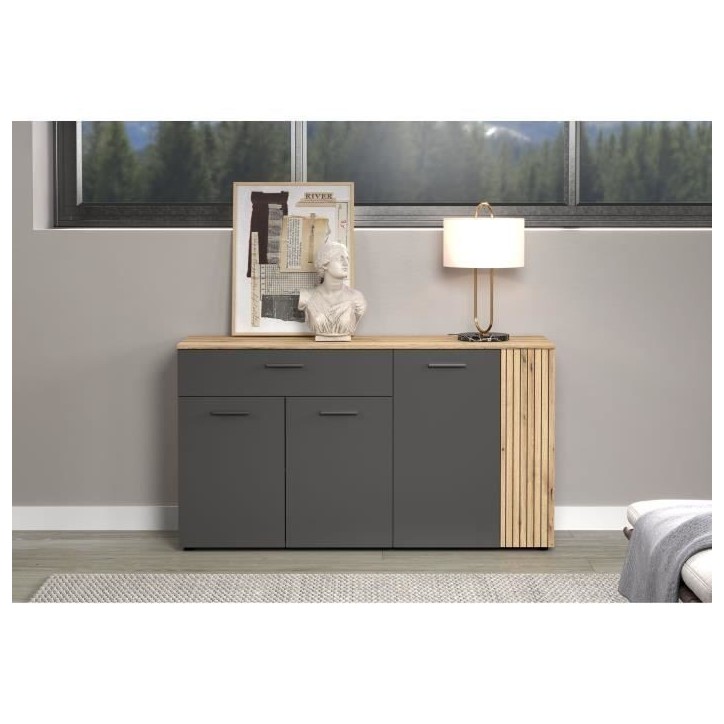 Bahut - Esteban - En panneaux de particules - Chene blond / gris anthracite - 3 portes - 1 tiroir - Scandinave - Trendteam