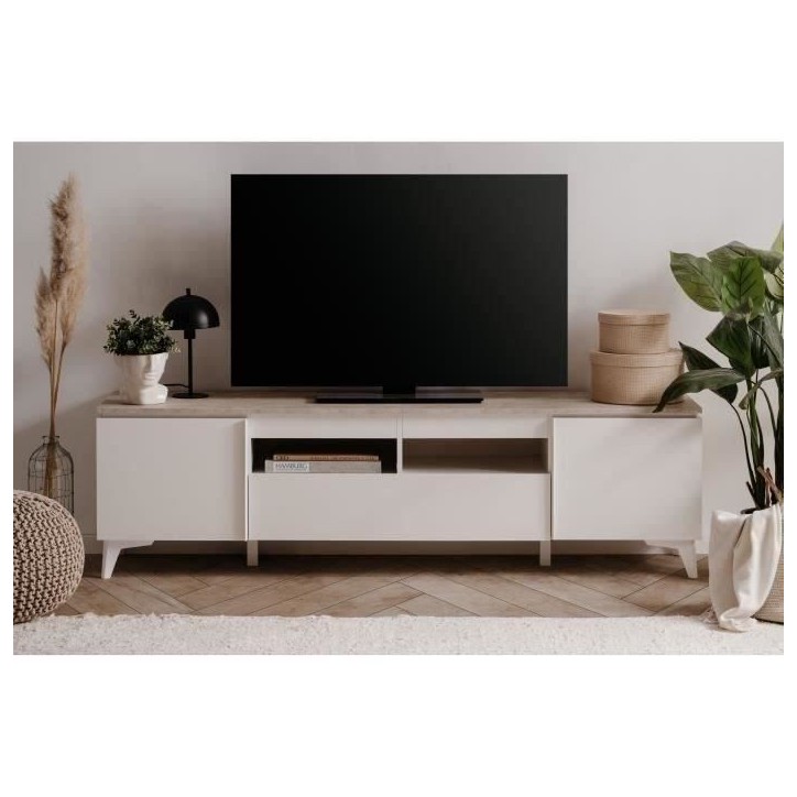 Meuble TV Bertrix 56A - Décor travertin / blanc - Panneaux de particules - 177 x 51,5 x 40 cm