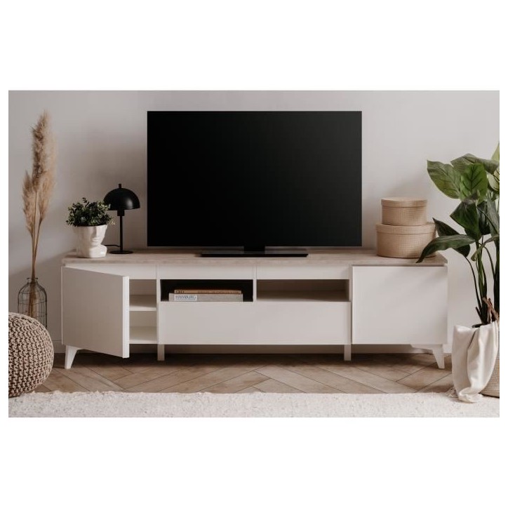 Meuble TV Bertrix 56A - Décor travertin / blanc - Panneaux de particules - 177 x 51,5 x 40 cm