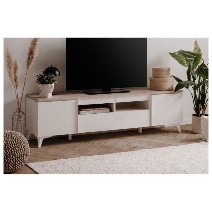 Meuble TV Bertrix 56A - Décor travertin / blanc - Panneaux de particules - 177 x 51,5 x 40 cm