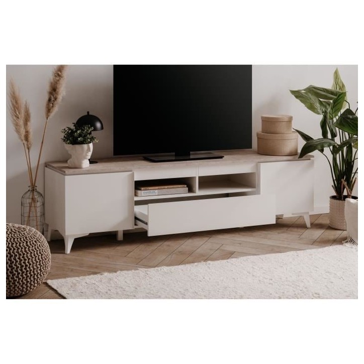Meuble TV Bertrix 56A - Décor travertin / blanc - Panneaux de particules - 177 x 51,5 x 40 cm