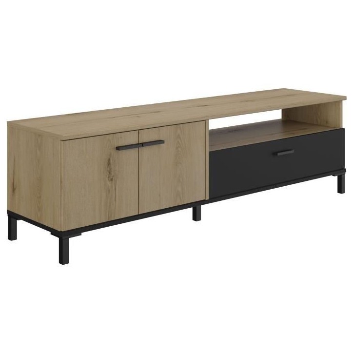 Banc TV - TRUST - Chene / Noir - 2 portes - 1 tiroir - 140 x 40 x 47 cm - GAMI