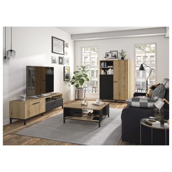 Banc TV - TRUST - Chene / Noir - 2 portes - 1 tiroir - 140 x 40 x 47 cm - GAMI
