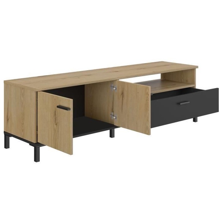 Banc TV - TRUST - Chene / Noir - 2 portes - 1 tiroir - 140 x 40 x 47 cm - GAMI