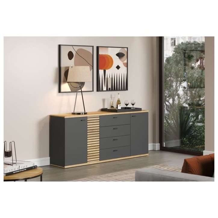 Buffet - Norris - En panneaux de particules - Chene blond / gris anthracite - 3 portes - 3 tiroirs - Contemporain - Trendteam