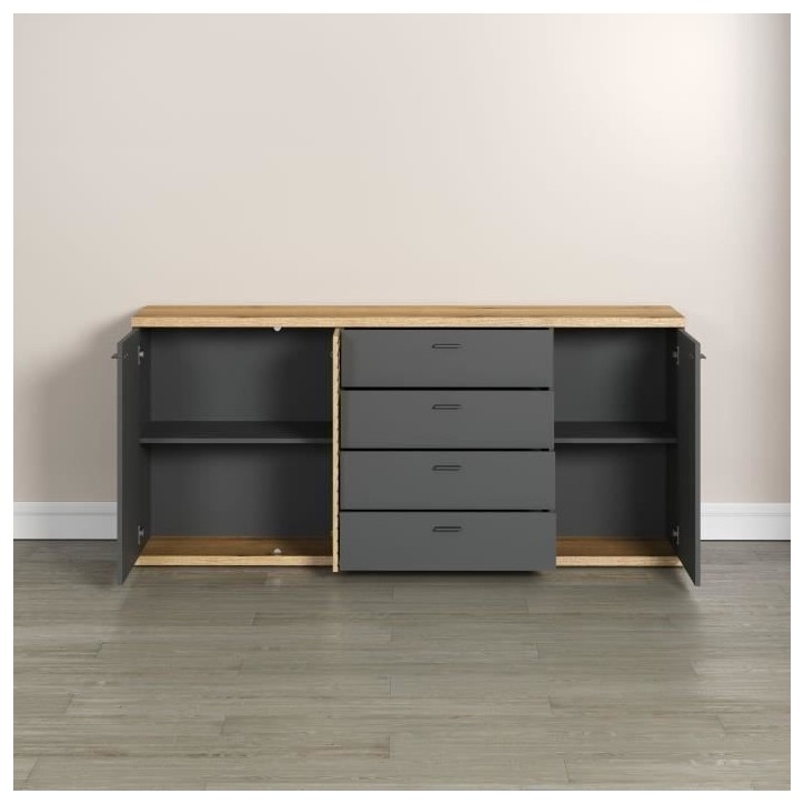Buffet - Norris - En panneaux de particules - Chene blond / gris anthracite - 3 portes - 3 tiroirs - Contemporain - Trendteam