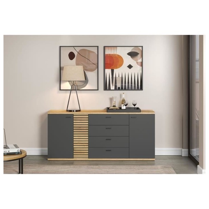 Buffet - Norris - En panneaux de particules - Chene blond / gris anthracite - 3 portes - 3 tiroirs - Contemporain - Trendteam
