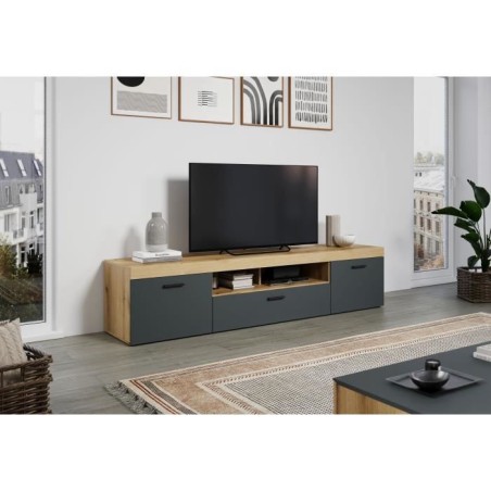 Meuble TV - Tyler - Urbain - En panneaux de particules - Gris anthracite mat / chene miel - 230 x 52 x 52 cm - Trendteam