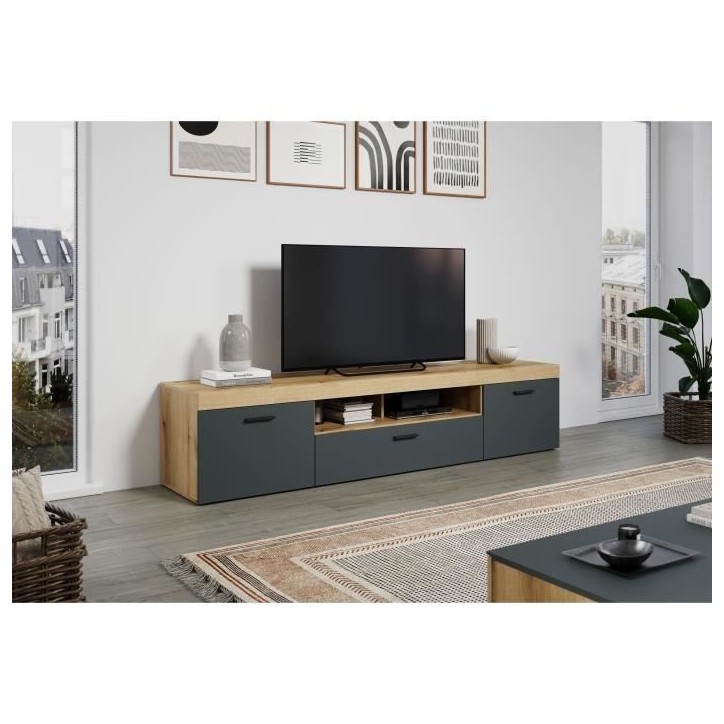 Meuble TV - Tyler - Urbain - En panneaux de particules - Gris anthracite mat / chene miel - 230 x 52 x 52 cm - Trendteam