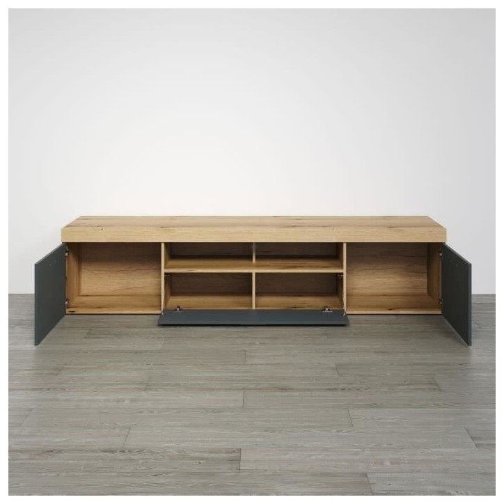 Meuble TV - Tyler - Urbain - En panneaux de particules - Gris anthracite mat / chene miel - 230 x 52 x 52 cm - Trendteam