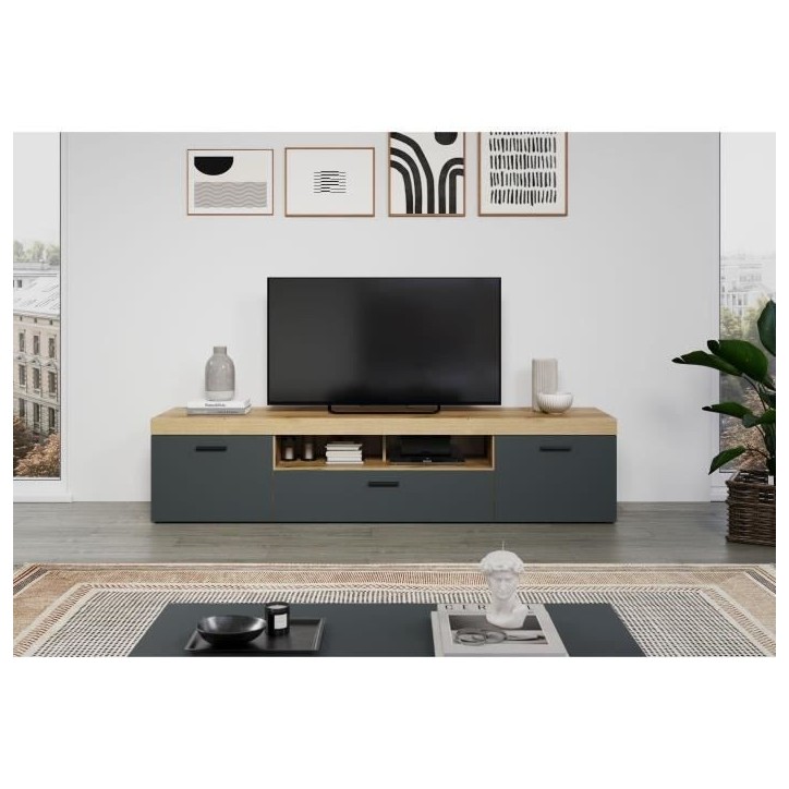 Meuble TV - Tyler - Urbain - En panneaux de particules - Gris anthracite mat / chene miel - 230 x 52 x 52 cm - Trendteam
