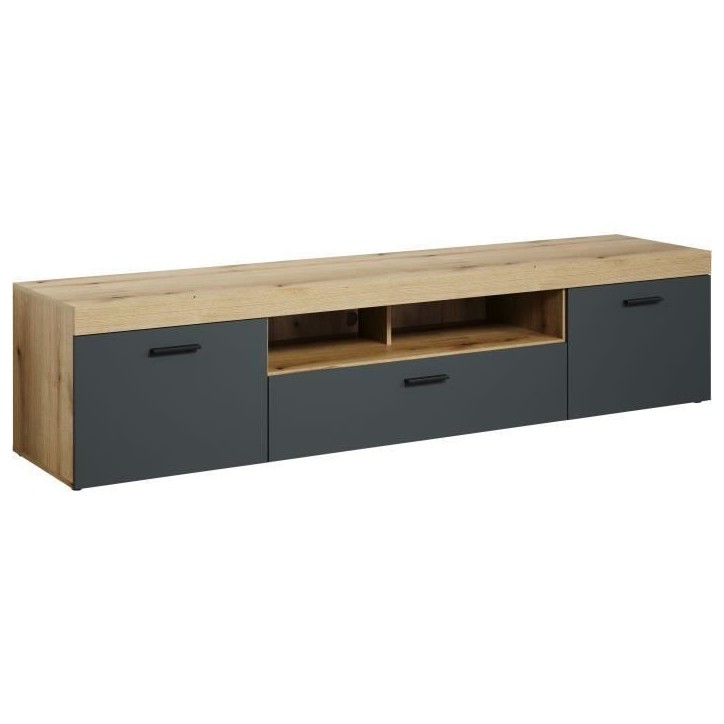 Meuble TV - Tyler - Urbain - En panneaux de particules - Gris anthracite mat / chene miel - 230 x 52 x 52 cm - Trendteam