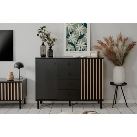 Buffet - MONZA 01B - Noir / Chene artisan - 2 portes - 4 tiroirs - 118 x 90 x 40 cm
