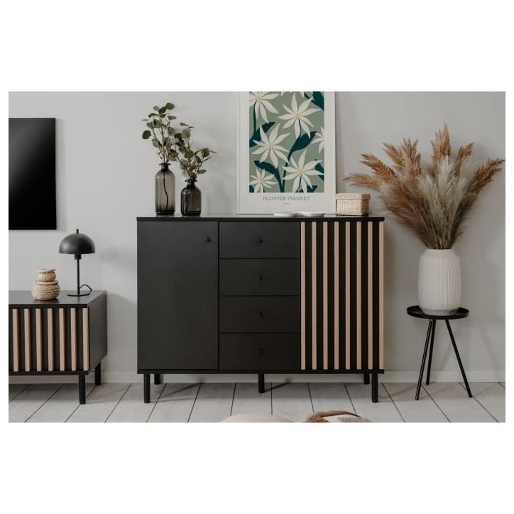 Buffet - MONZA 01B - Noir / Chene artisan - 2 portes - 4 tiroirs - 118 x 90 x 40 cm