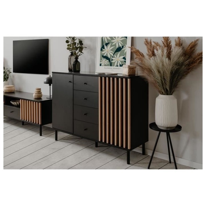 Buffet - MONZA 01B - Noir / Chene artisan - 2 portes - 4 tiroirs - 118 x 90 x 40 cm