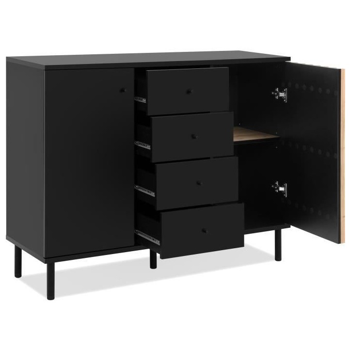 Buffet - MONZA 01B - Noir / Chene artisan - 2 portes - 4 tiroirs - 118 x 90 x 40 cm
