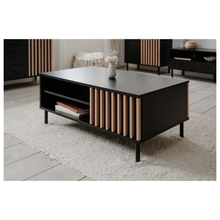 Table basse - MONZA 55A - Noir / Chene artisan - 1 porte, 2 niches - 110,5 x 47 x 67 cm