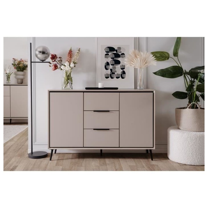 Buffet - ARONA 01B - Beige / Noir - 2 portes, 3 tiroirs - 135 x 90 x 38 cm