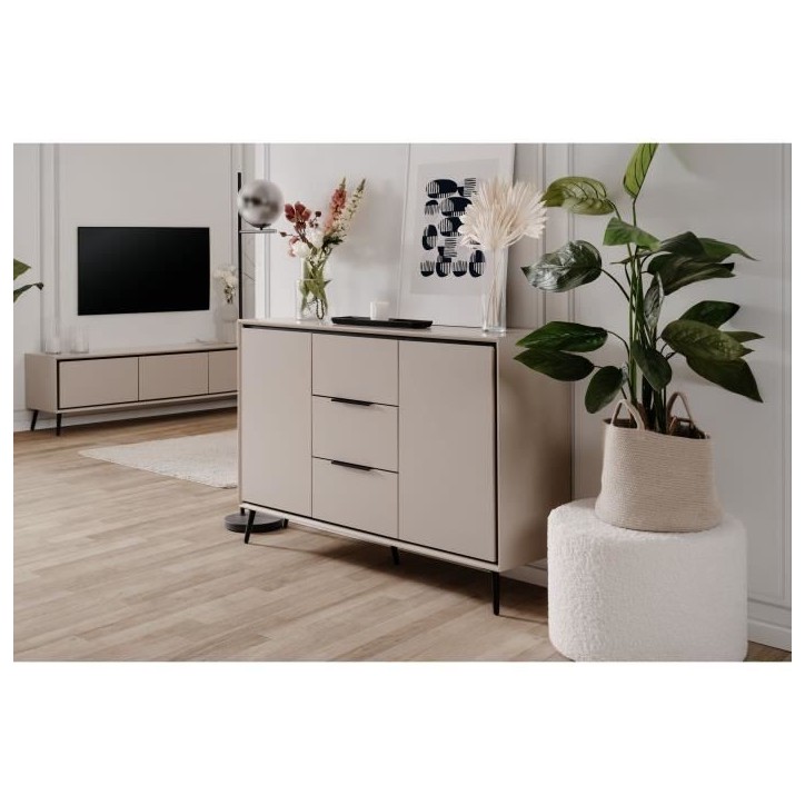 Buffet - ARONA 01B - Beige / Noir - 2 portes, 3 tiroirs - 135 x 90 x 38 cm