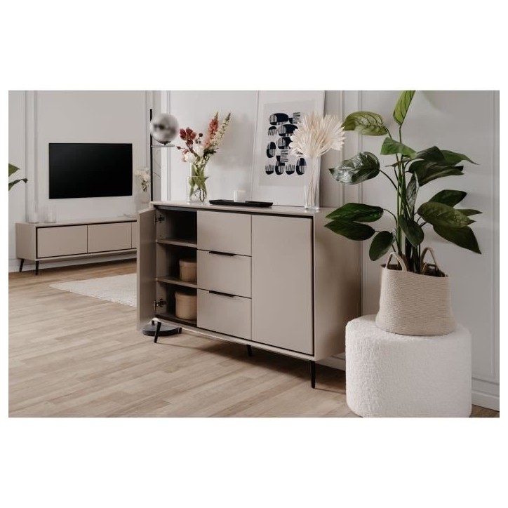 Buffet - ARONA 01B - Beige / Noir - 2 portes, 3 tiroirs - 135 x 90 x 38 cm