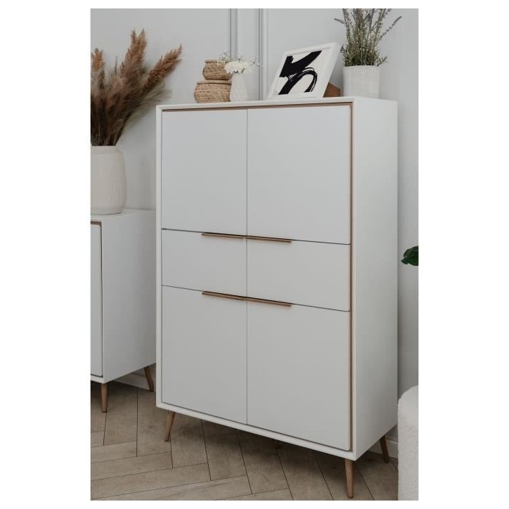 Buffet Haut - ARONA 53B - Blanc / Chene artisan - 4 portes, 2 tiroirs - 175 x 90 x 38 cm