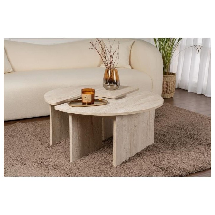 Table basse - MOIRA - Ronde - Effet marbre travertin - 90 x 90 x 41 cm Table basse - MOIRA - Ronde - Effet marbre travertin - 90 x 90 x 41 cm