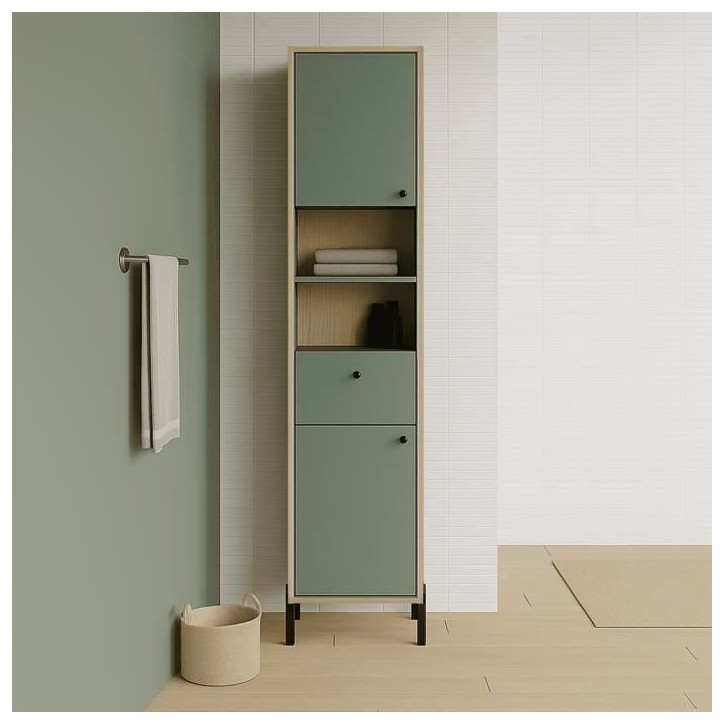 Colonne de salle de bain - 2 portes - 1 tiroir - L38,8 x P33,1 x H201,5cm - Vert et chene - DEMEYERE Colonne de salle de bain - 2 portes - 1 tiroir - L38,8 x P33,1 x H201,5cm - Vert et chene - DEMEYERE