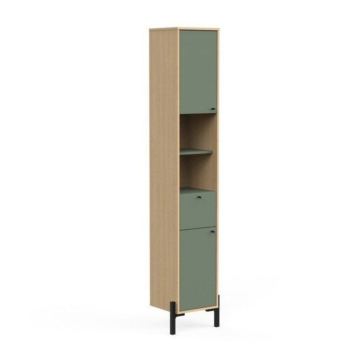 Colonne de salle de bain - 2 portes - 1 tiroir - L38,8 x P33,1 x H201,5cm - Vert et chene - DEMEYERE Colonne de salle de bain - 2 portes - 1 tiroir - L38,8 x P33,1 x H201,5cm - Vert et chene - DEMEYERE