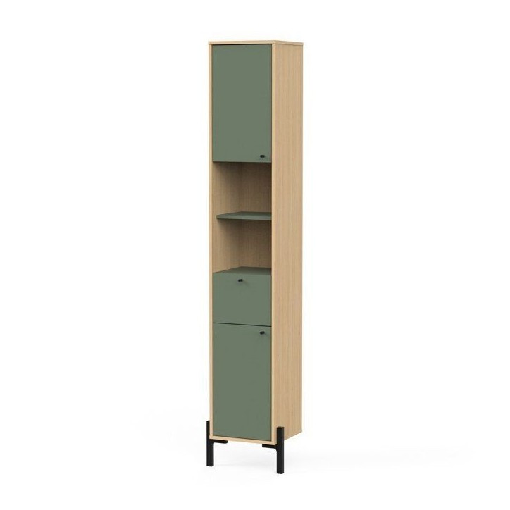 Colonne de salle de bain - 2 portes - 1 tiroir - L38,8 x P33,1 x H201,5cm - Vert et chene - DEMEYERE Colonne de salle de bain - 2 portes - 1 tiroir - L38,8 x P33,1 x H201,5cm - Vert et chene - DEMEYERE
