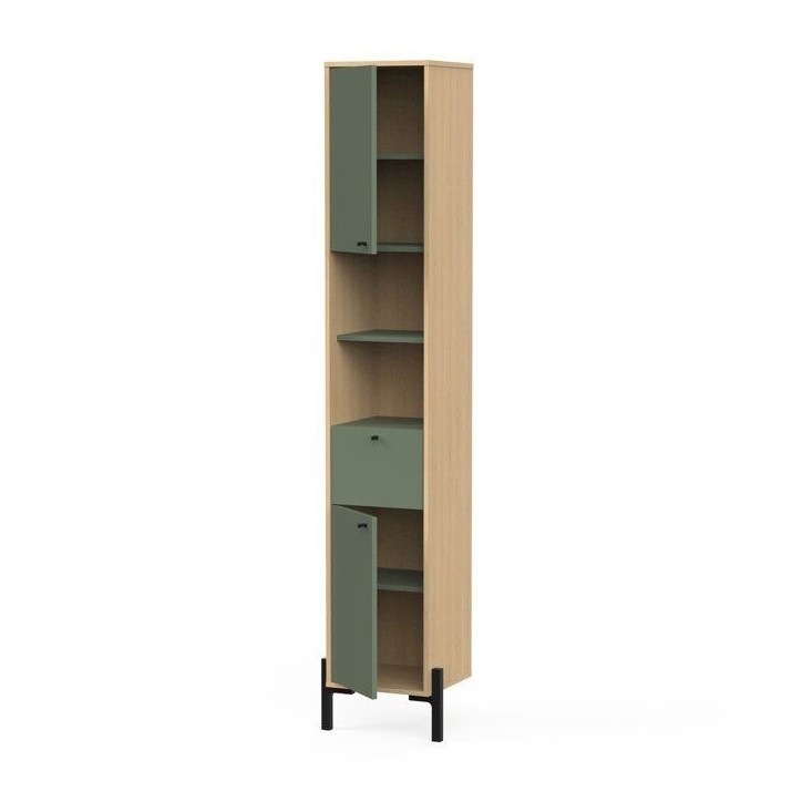 Colonne de salle de bain - 2 portes - 1 tiroir - L38,8 x P33,1 x H201,5cm - Vert et chene - DEMEYERE Colonne de salle de bain - 2 portes - 1 tiroir - L38,8 x P33,1 x H201,5cm - Vert et chene - DEMEYERE