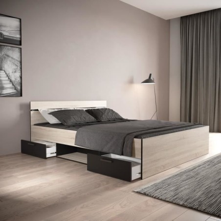 Lit double - DEMEYERE - MICHIGAN - 160 x 200 cm - Chene brossé et noir - 2 tiroirs et 1 niche