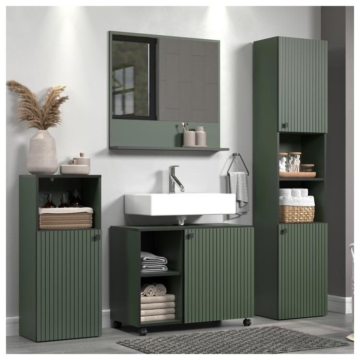 CALICOSY - Colonne de salle de bain rainurée 2 portes, 2 niches H186 cm - PUREBLISS - Vert sauge et noir mat-Vert sauge et noir CALICOSY - Colonne de salle de bain rainurée 2 portes, 2 niches H186 cm - PUREBLISS - Vert sauge et noir mat-Vert sauge et noir