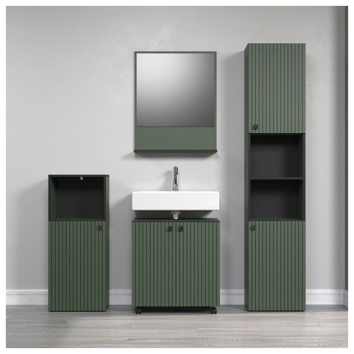 CALICOSY - Colonne de salle de bain rainurée 2 portes, 2 niches H186 cm - PUREBLISS - Vert sauge et noir mat-Vert sauge et noir CALICOSY - Colonne de salle de bain rainurée 2 portes, 2 niches H186 cm - PUREBLISS - Vert sauge et noir mat-Vert sauge et noir