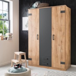 Armoire CORFOU - Décor Chene et gris anthracite - 3 portes battantes
