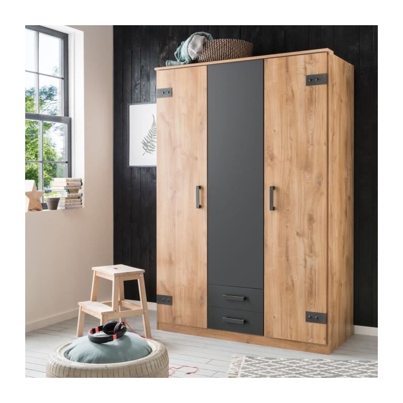 Armoire CORFOU - Décor Chene et gris anthracite - 3 portes battantes Armoire CORFOU - Décor Chene et gris anthracite - 3 portes battantes